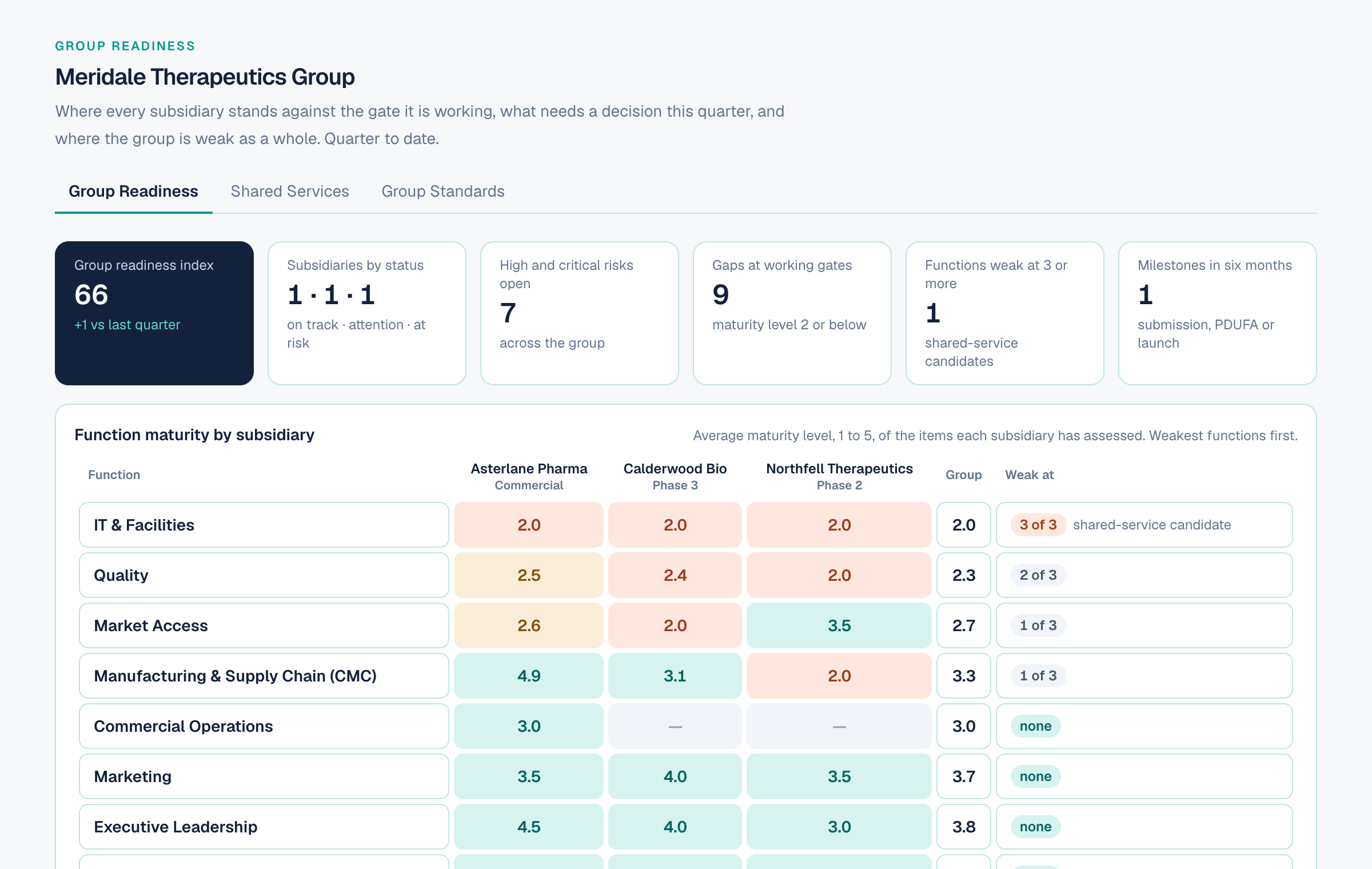 Group Readiness for a parent company: the group readiness index and a function-by-subsidiary maturity grid flagging IT and Facilities as weak at all three subsidiaries